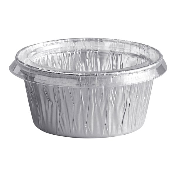 A Baker's Lane round aluminum foil container with a clear plastic lid.