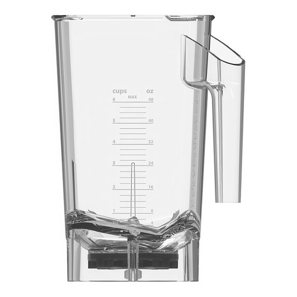 A clear Kuvings container with a handle, lid, and blade with a clear measuring scale.