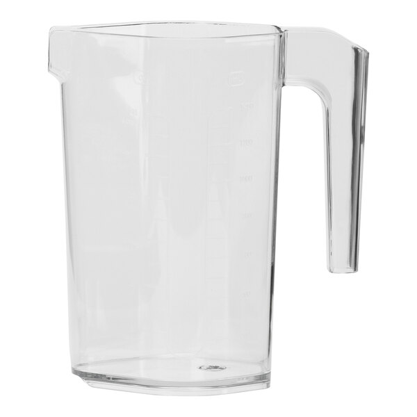 A clear plastic pitcher with a handle.