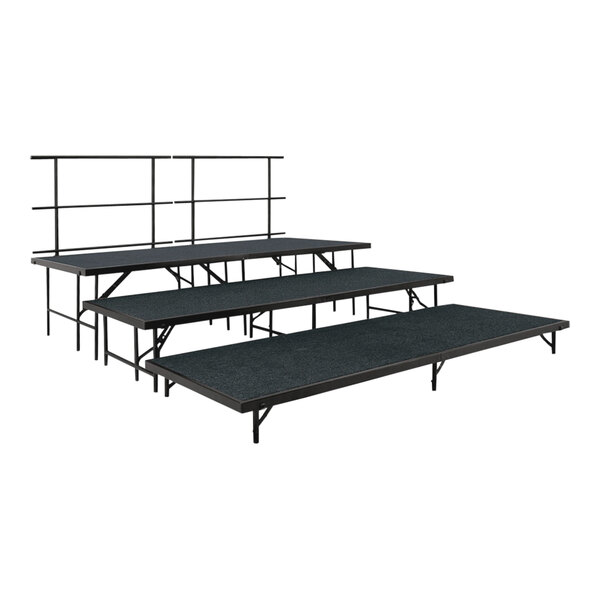 Three National Public Seating black carpet stage risers with black metal legs.