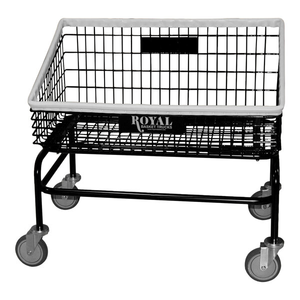 A black wire laundry cart with wheels and a white front.