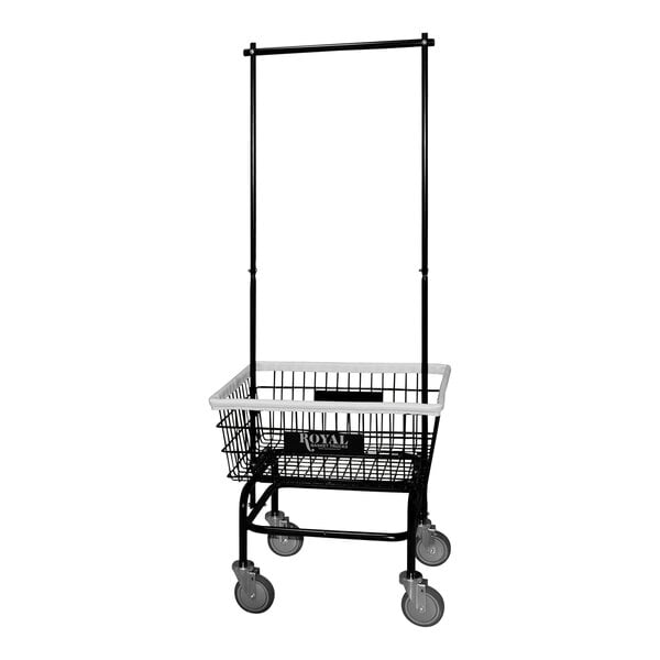 A black Royal Basket laundry cart with a wire basket and double garment hanger.