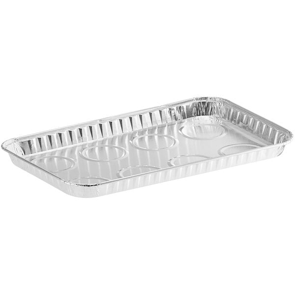 A silver Baker's Lane foil pan with holes in it.
