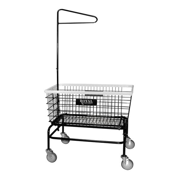 A black shopping cart with a white wire basket and wheels.