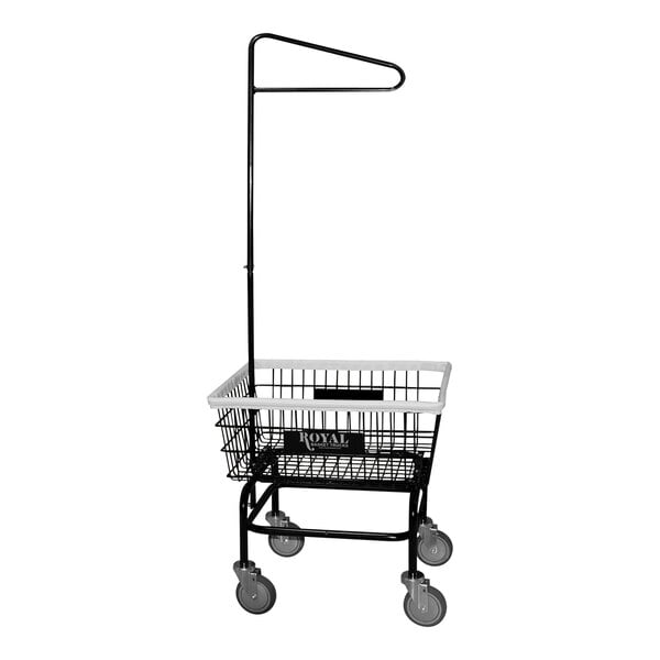 A black Royal Basket Trucks laundry cart with a wire basket and a garment hanger.