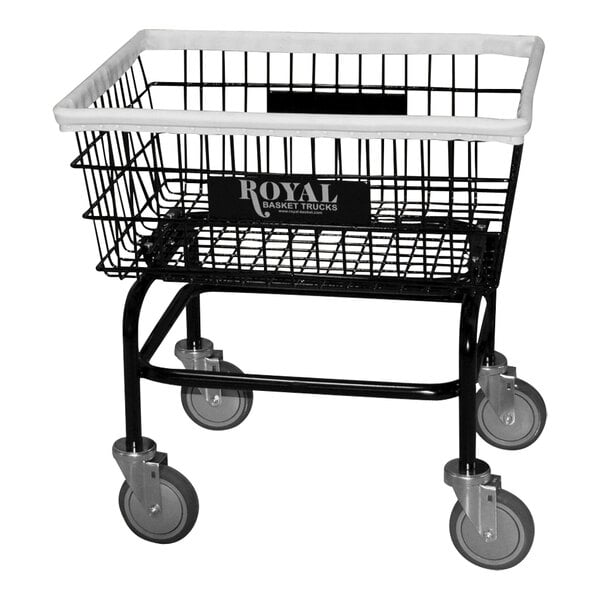 A black Royal Basket Trucks wire laundry cart.