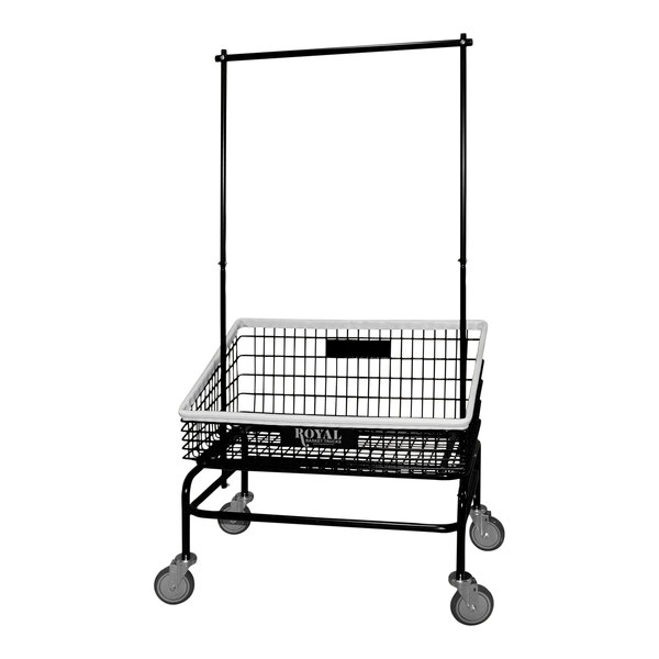 A black shopping cart with a white basket and metal frame.