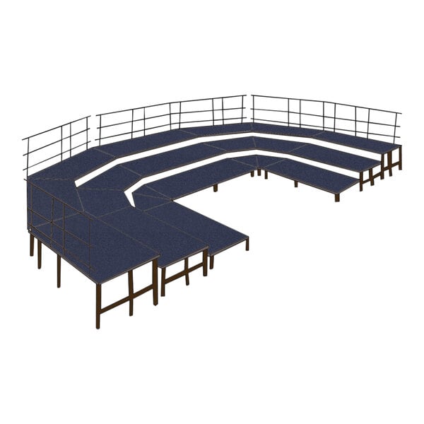 A blue National Public Seating choral riser stage with guardrails.