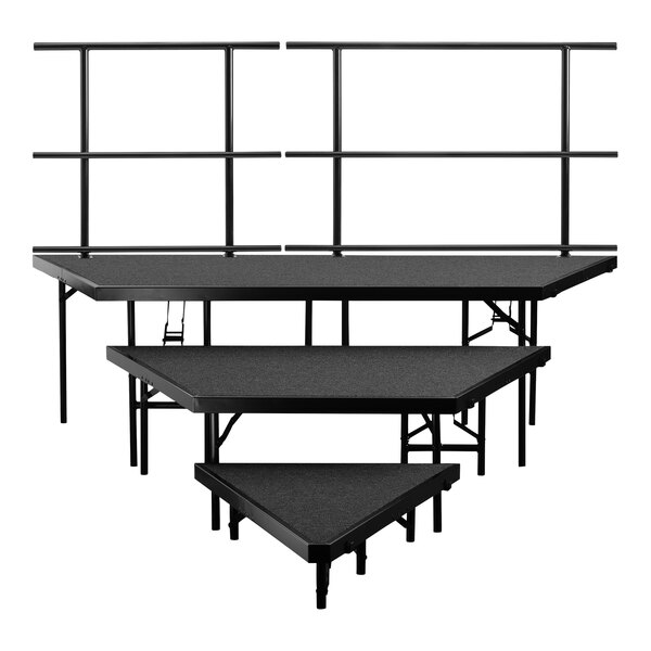 A black National Public Seating 3-level seated riser with guardrails.