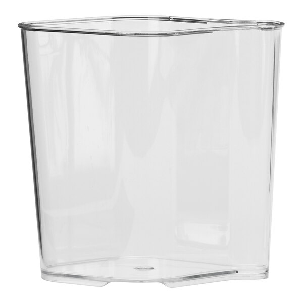 A clear plastic pulp cap for a Kuvings juicer with a curved edge.