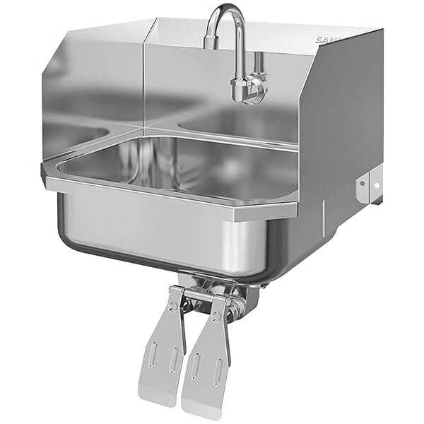 A Sani-Lav stainless steel wall-mounted sink with double knee-operated faucets.