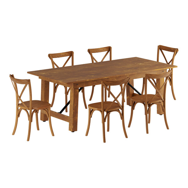 A Lancaster Table & Seating Vineyard Series Barrel Brown outdoor folding table with 6 Cross Back chairs.