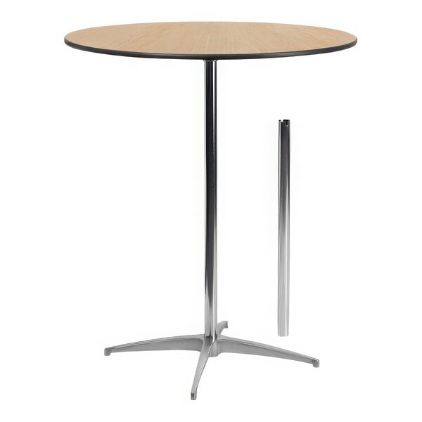 A Flash Furniture round birchwood cocktail table with metal pole.