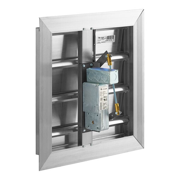 A metal Canarm motorized backdraft damper box with a white label.