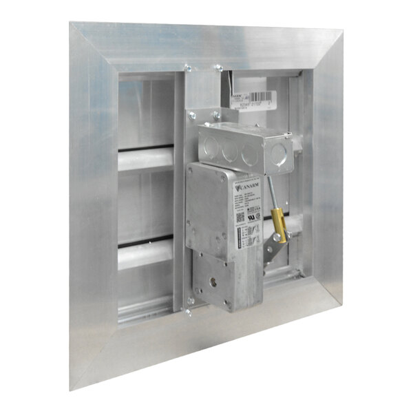 A square metallic device with a motorized mechanism and louvered shutters, mounted within a metal frame.
