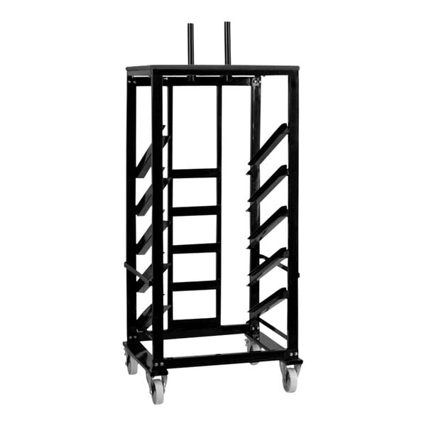 A black metal cart with wheels.