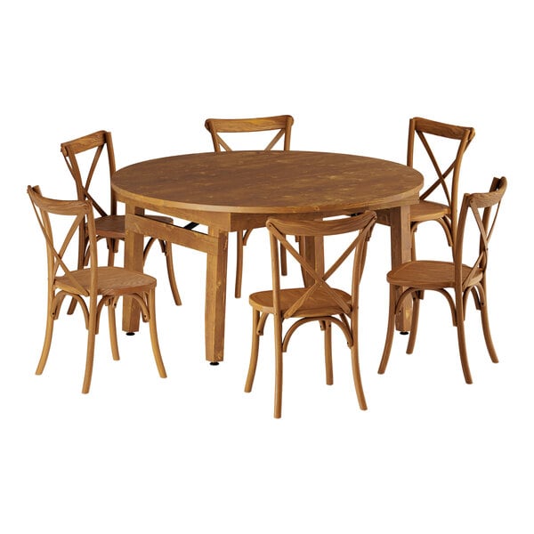 A Lancaster Table & Seating round brown outdoor folding table with 6 chairs.
