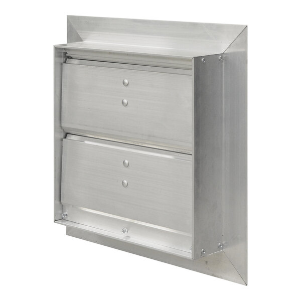 A metal backdraft damper with shutters on both sides.
