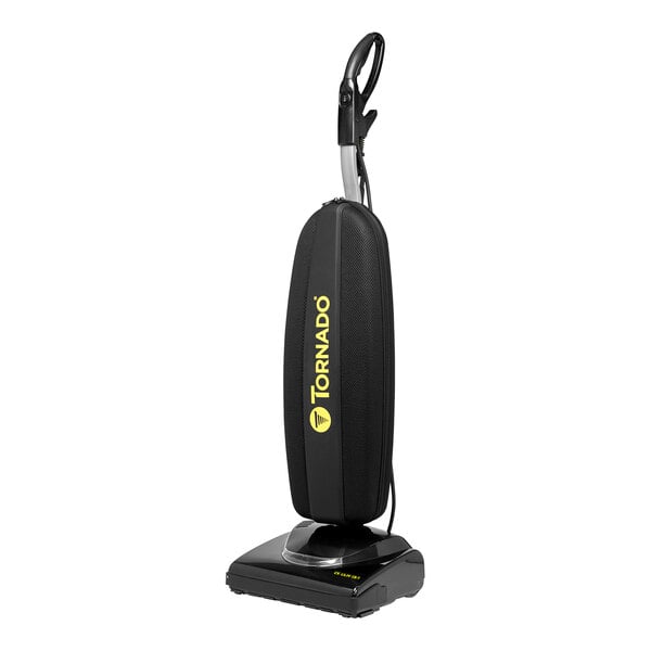 A black Tornado bagged upright vacuum cleaner with a yellow handle.