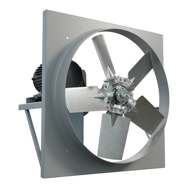 A metal Canarm belt drive wall fan with round blades.
