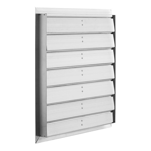 A white metal Canarm motorized backdraft damper.