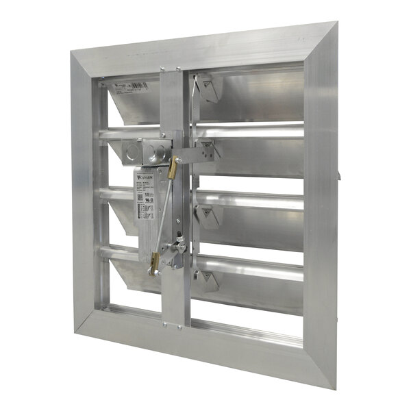 A square metallic frame with horizontal slats and a central motorized mechanism, likely part of a ventilation or airflow control system.
