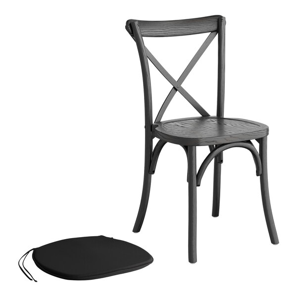 A Lancaster Table & Seating Vineyard Series Smokey Black Outdoor Cross Back Chair with a Peppery Black Linen Cushion on a white background.