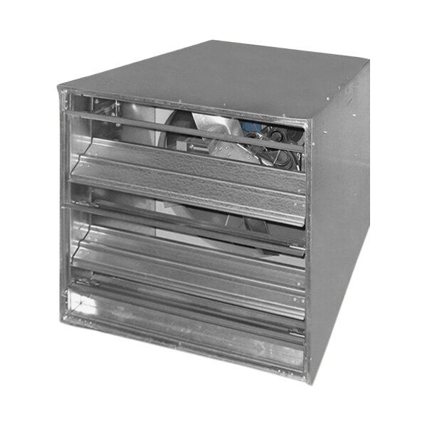 A metal box with a Canarm Belt Drive Wall Fan.