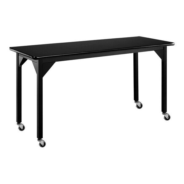 A black rectangular table with wheels.