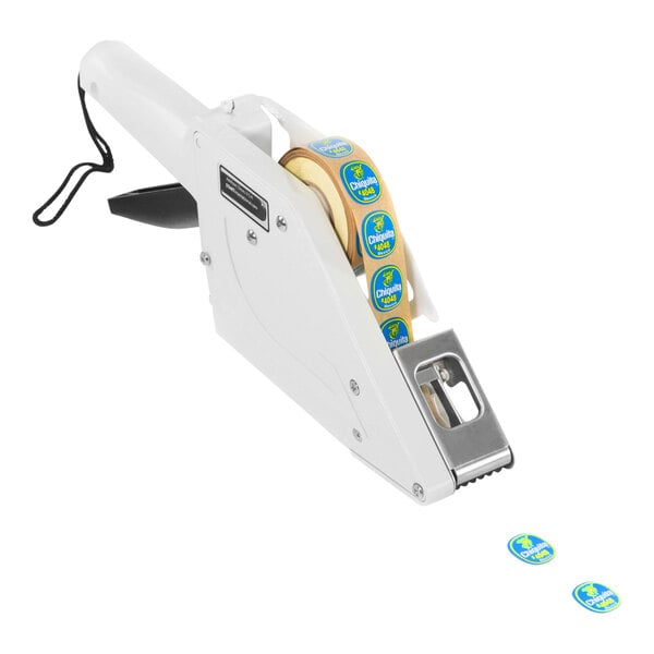 A white Start International manual label gun with blue labels.