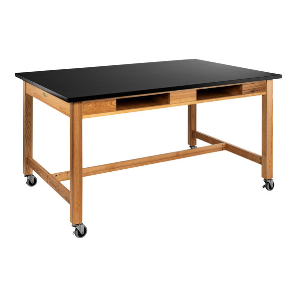 A black rectangular National Public Seating wood science lab table with casters.