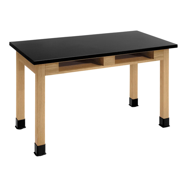 A black National Public Seating wood science lab table with wooden legs.