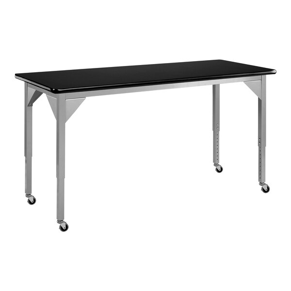 A black rectangular National Public Seating science lab table with wheels.