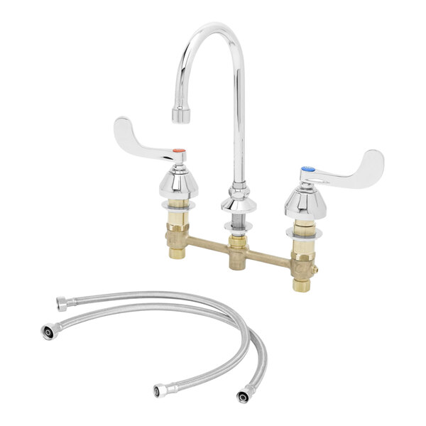 A chrome T&S deck-mount faucet with swivel gooseneck spout and wrist handles.