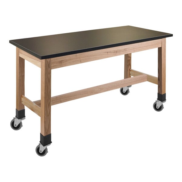 A black National Public Seating wood science lab table with casters.