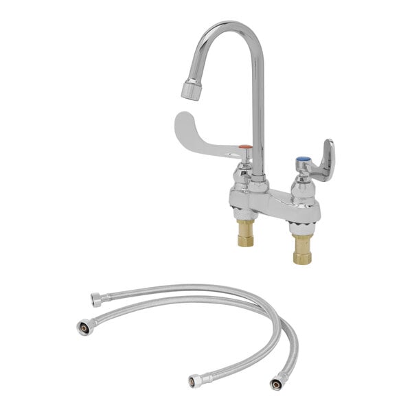 A chrome T&S deck-mount medical faucet with swivel gooseneck spout and wrist handles.