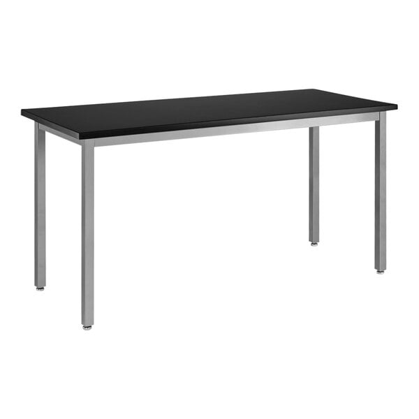 A gray steel National Public Seating science lab table with a metal frame.