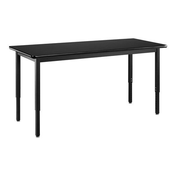 A National Public Seating black steel science lab table with black rectangular legs and a black high-pressure laminate top.