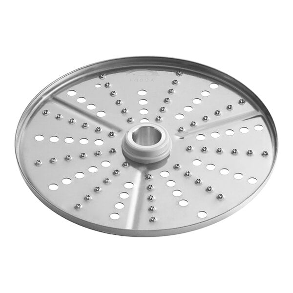 A circular metal AvaMix grating and shredding disc with holes in it.