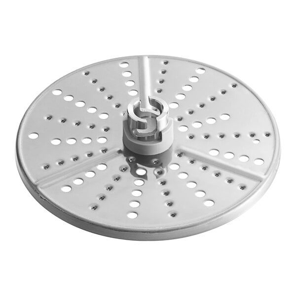 A circular metal AvaMix grating / shredding disc with holes in it.