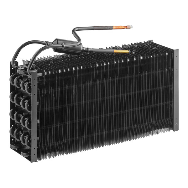 An Avantco evaporator coil with black metal fins and wires attached.