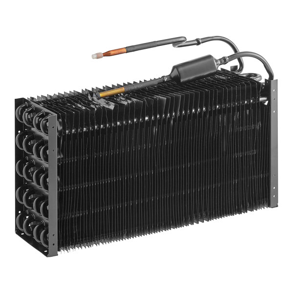 An Avantco black metal evaporator coil with wires attached.