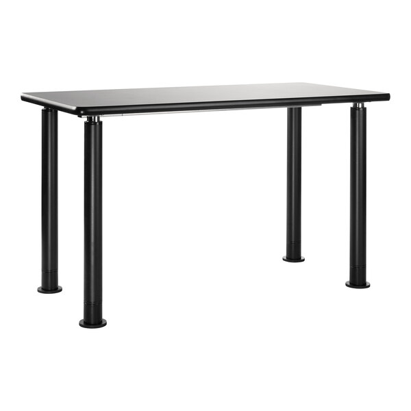 A National Public Seating science lab table with black metal legs and a black top.