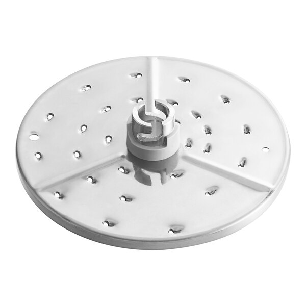 A silver circular metal grating / shredding disc with holes.