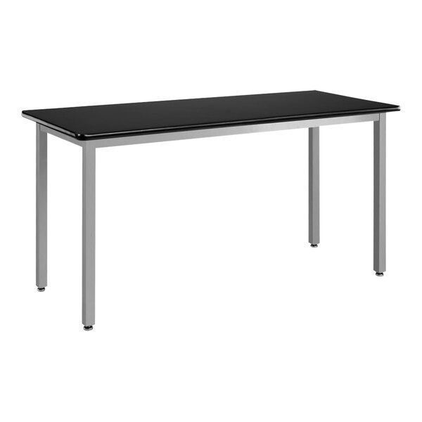 A black National Public Seating science lab table with silver legs.