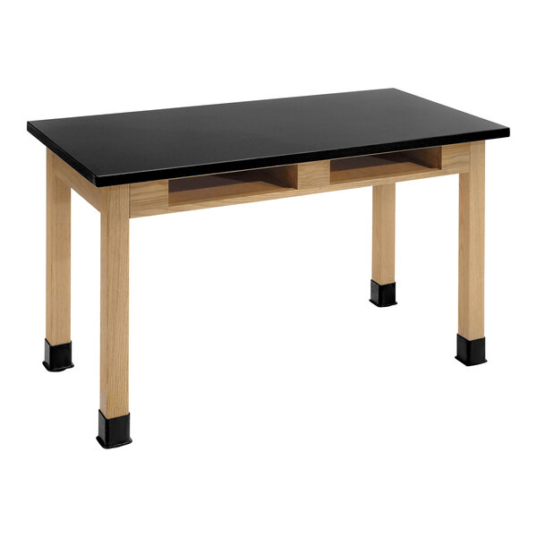 A black National Public Seating wood science lab table with wooden legs.