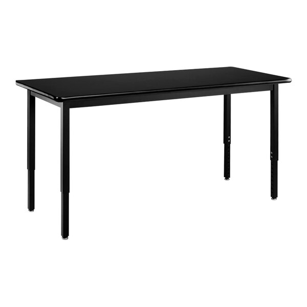 A National Public Seating black steel science lab table with a black high-pressure laminate top and legs.