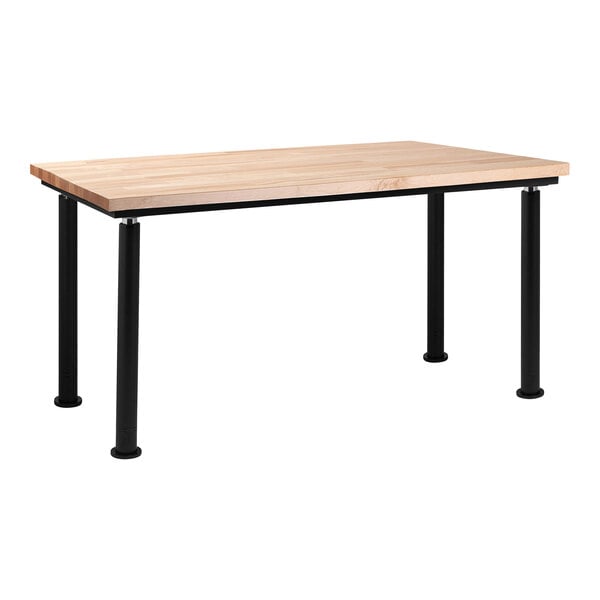 A National Public Seating Designer Science Lab Table with a butcher block top and black legs.