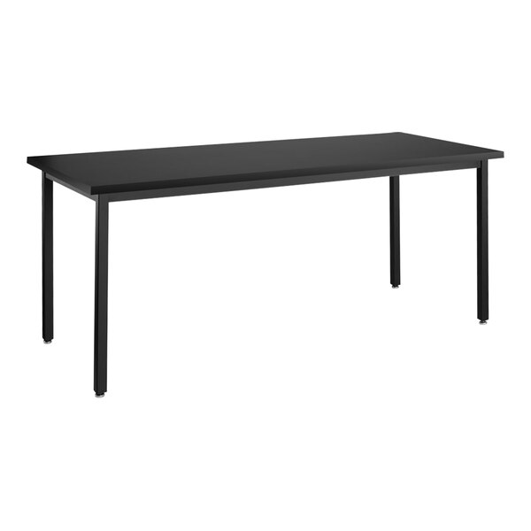 A black rectangular National Public Seating science lab table with black legs.