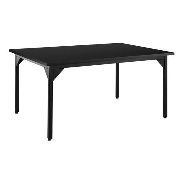 A National Public Seating black steel science lab table with a black epoxy top and legs.